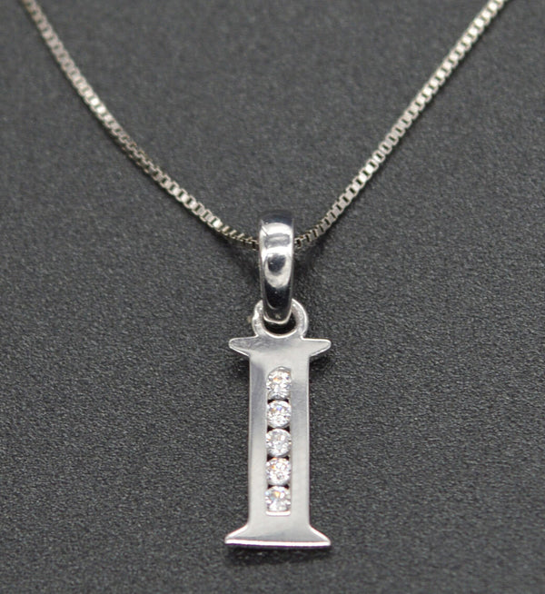 14K White Solid Gold cz Initial Letter I + 18" Chain Necklace