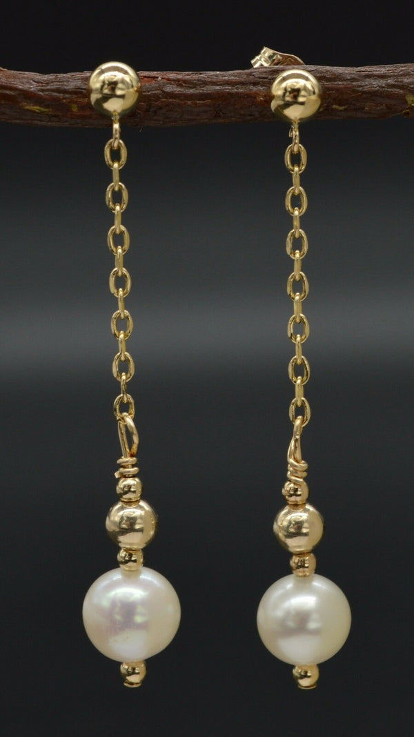 New 14K Solid Gold 7mmCultured White Pearl Drop/Dangle Earrings