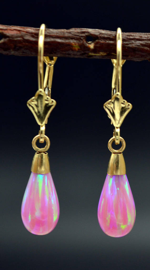 14K Solid Yellow Gold Tear Drop Pink Fire Opal Leverback Dangle Earrings