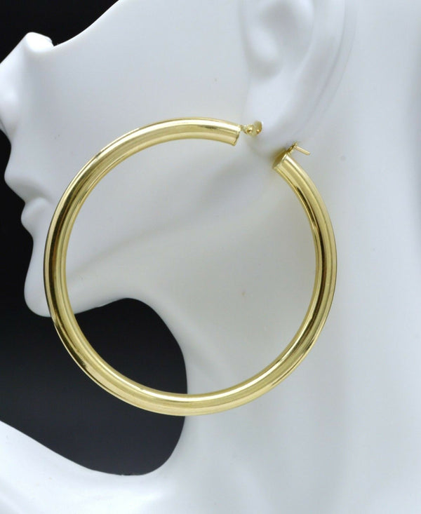 10k Solid Gold big Large hoop Plain Earrings 60mm x4mm 2.30''  6gr