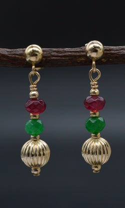 14K Solid Gold Corrugated Ball Bead, Ruby & Green Quartz Drop Earrings