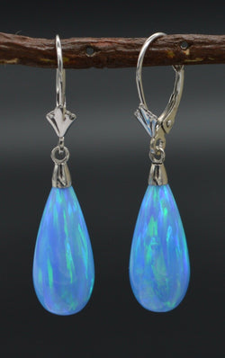 14K Solid White Gold Tear Drop Blue Fire Opal Lever back Dangle Earrings