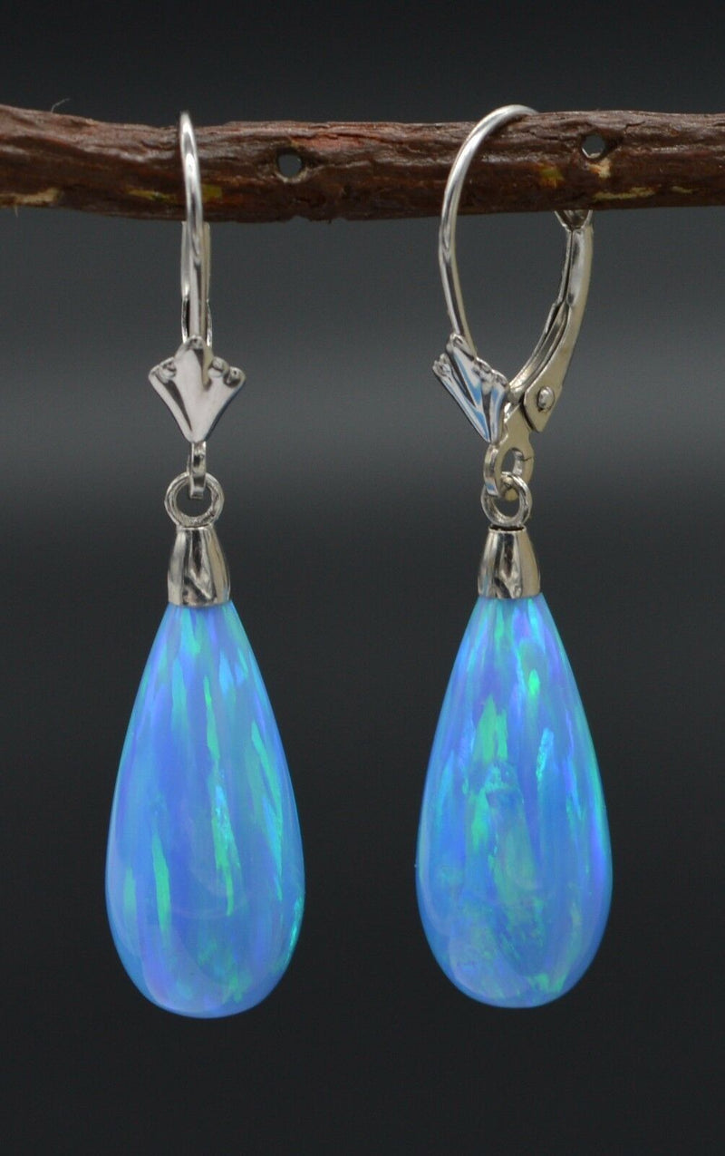 14K Solid White Gold Tear Drop Blue Fire Opal Lever back Dangle Earrings