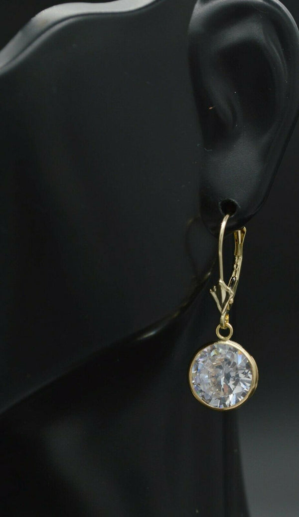 12ct 14K Yellow Solid Gold Round 10mm Created Diamond Lever Back Dangle Earrings