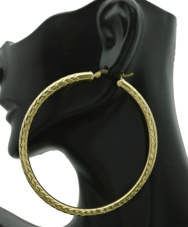 10k Solid Yellow Gold Extra Large hoop Diamond Cut Earrings. 2.4'' 60x4MM 5.9GR