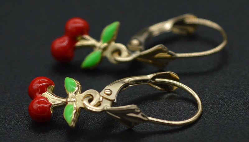 14K Solid Yellow Gold Enamel Cherries Dangle Leverback Earrings