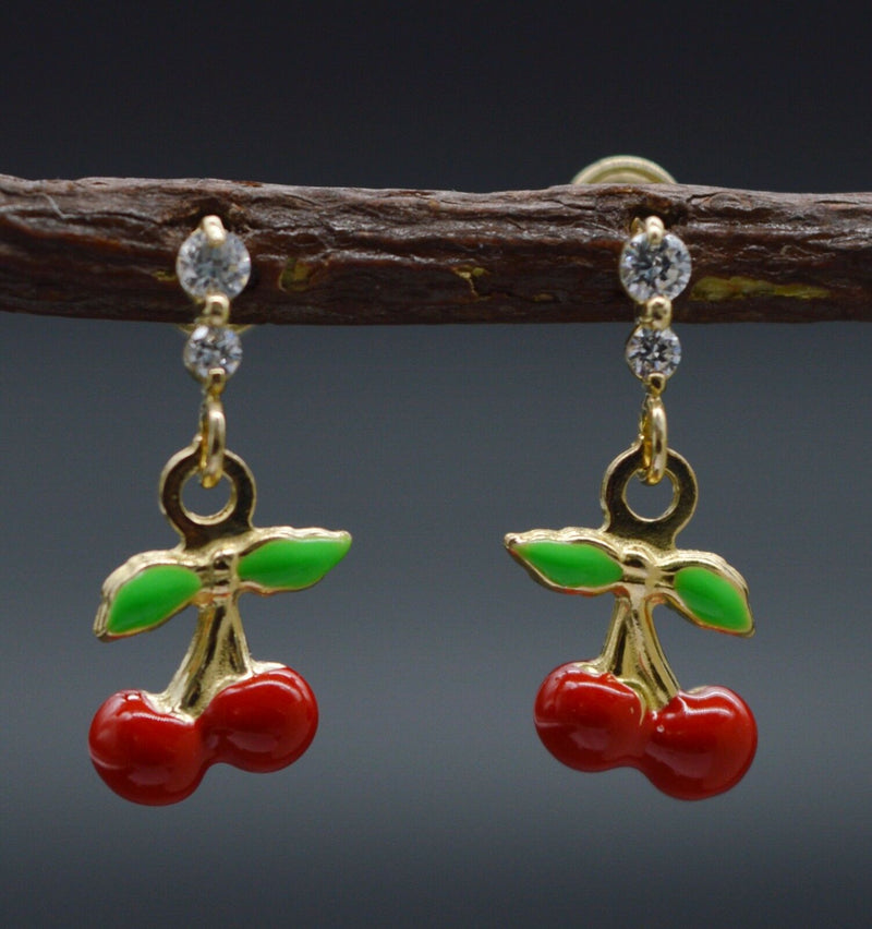 JM144 Enamel Cherries 14K Solid Yellow Gold Dangle CZ Screw-back Earrings