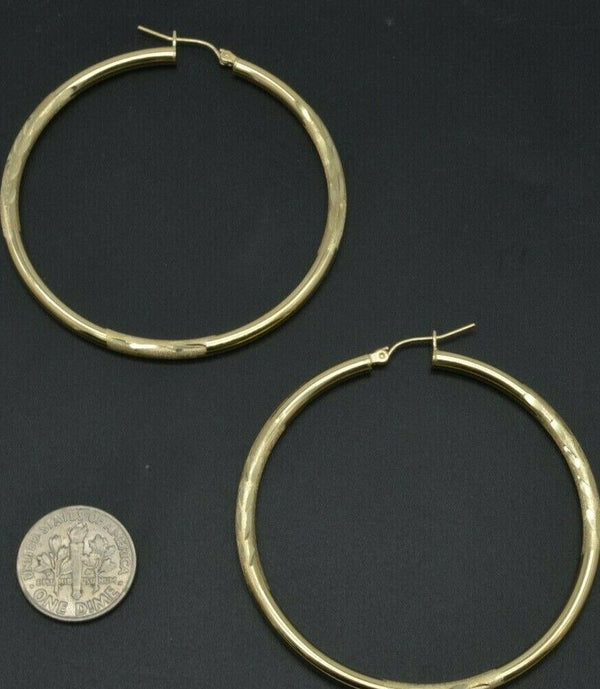 10k Solid Yellow Gold big Large hoop Diamond Cut Earrings 2.35'' 55mm x3MM