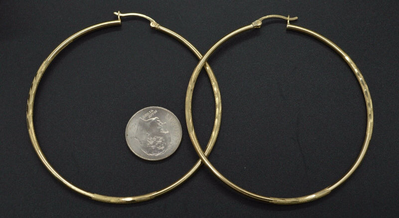 14k Solid Yellow Gold big Large hoop Diamond Cut Earrings. 70mm x2MM 4.2GR