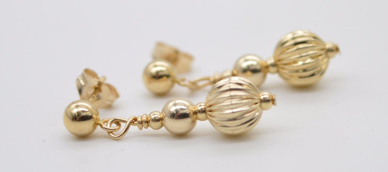 14K Solid Gold and 6mm Corrugated Ball Beaded Drop Earrings