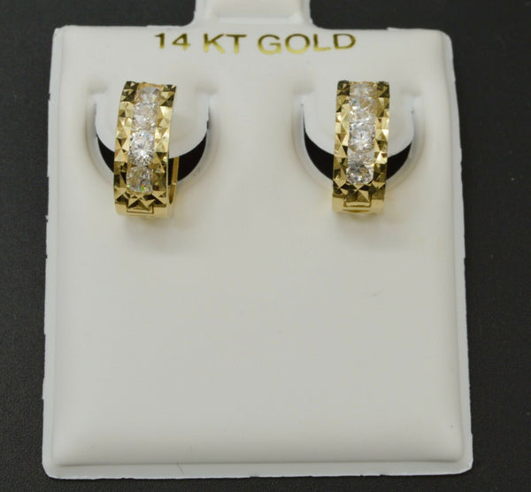 14K Solid Yellow Gold 1.00ct Created Diamond Huggie Hoop Diamond Cut Earrings