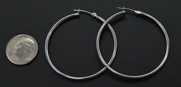 14K Solid White Gold Large Round Hoop Earrings   45MM x 1.5mm 2.1gr