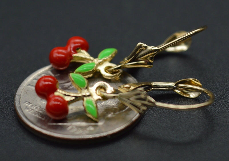 14K Solid Yellow Gold Enamel Cherries Dangle Leverback Earrings