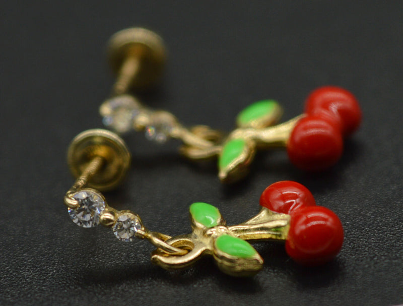 JM144 Enamel Cherries 14K Solid Yellow Gold Dangle CZ Screw-back Earrings