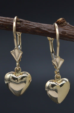 14K Solid Yellow Gold 22mm Puffed Heart Leverback Drop Earrings (JM29)