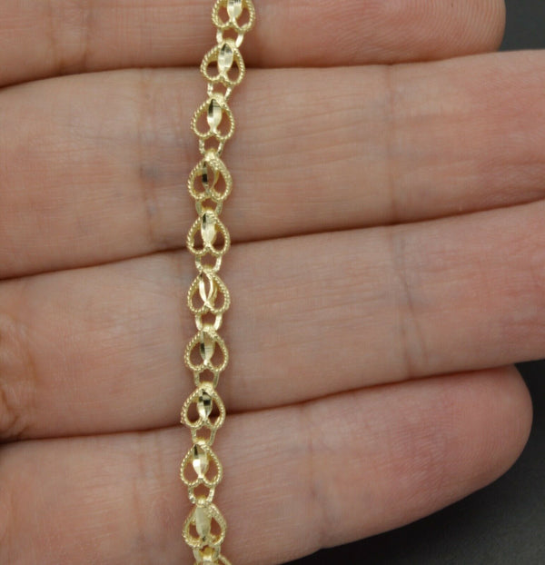 Real 10k Yellow Gold Filigree Diamond Cut Heart love Bracelet 4.6mm 71/2''