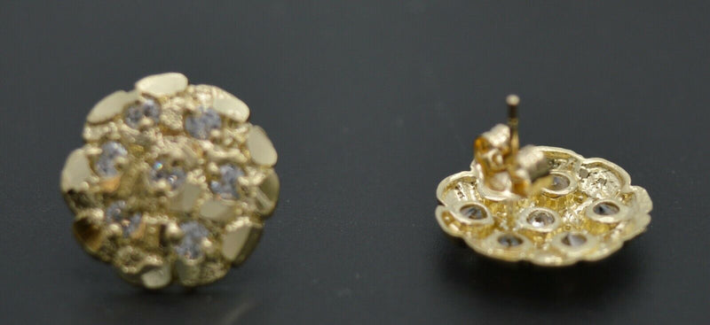 Real 10K Yellow Gold C Z Round Nugget Stud Diamond Cut Earrings 15mm.jpg