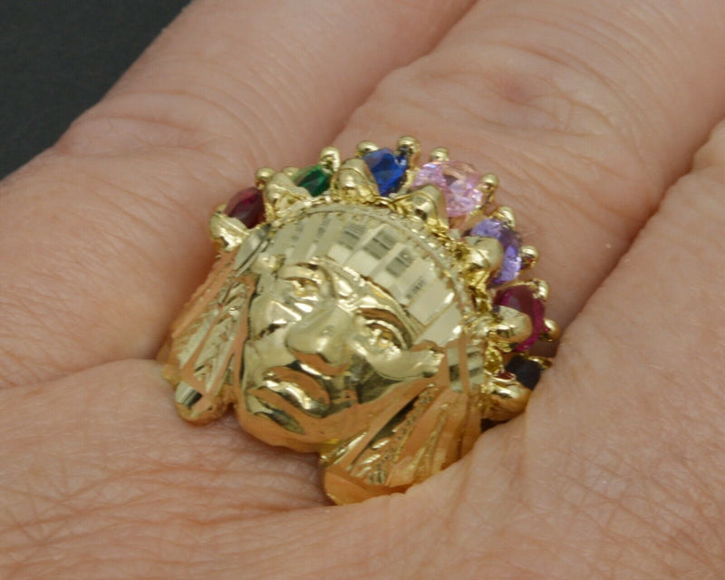 10K Solid Yellow Gold Native American Indian Rainbow CZ ring ALLSizes