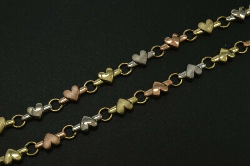 Real 10K Tri Color Gold 5.3mm Puffed Heart Link Ankle Bracelet  9'' - 10''.jpg