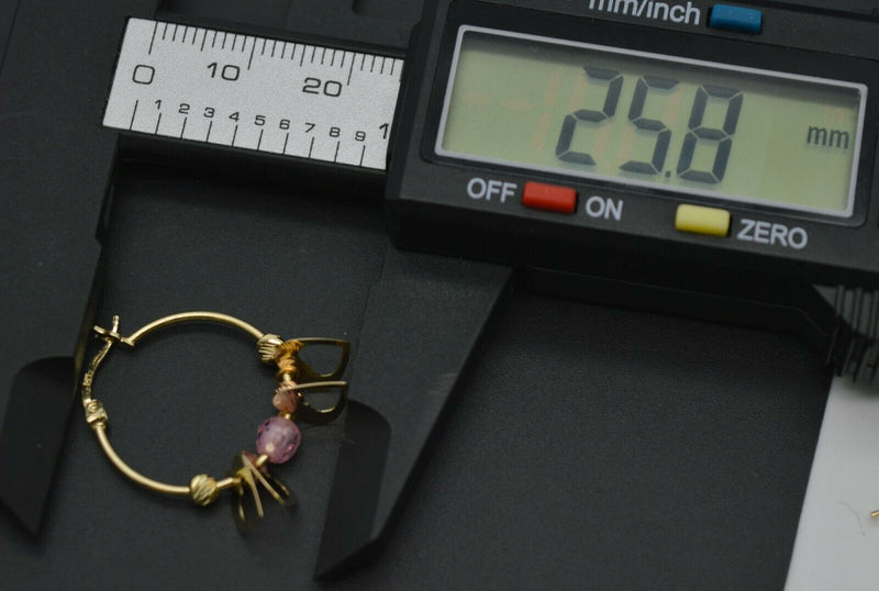 Real 14K Yellow Gold Hoop Dangling Movable Heart  Pink Bead Earrings 25.8mm