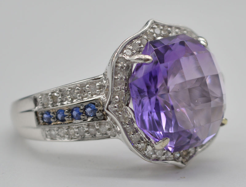 #JR268 NEW 14K White Gold Purple Amethyst & Sapphire size 7 Diamond Ring