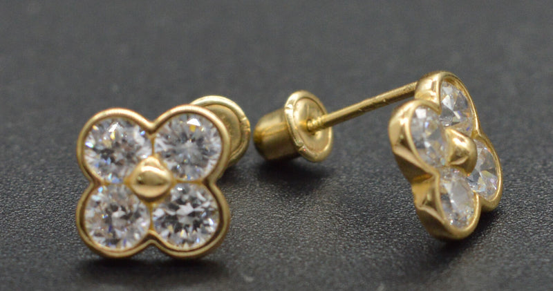 14k Solid Yellow Gold Created Diamond Cluster Flower Stud Earring ScrewBack