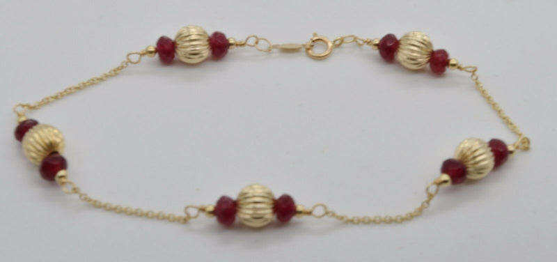 NEW 14K Solid Yellow Gold Natural Ruby & Corrugated Ball Bead Bracelet 7 12".jpg