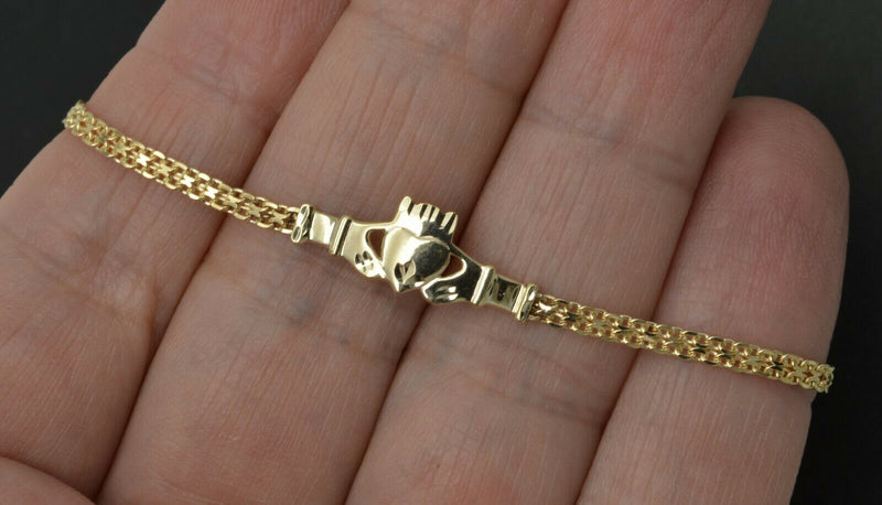 10k Yellow Solid Gold Bismark-Link Celtic Irish Claddagh Bracelet 7''