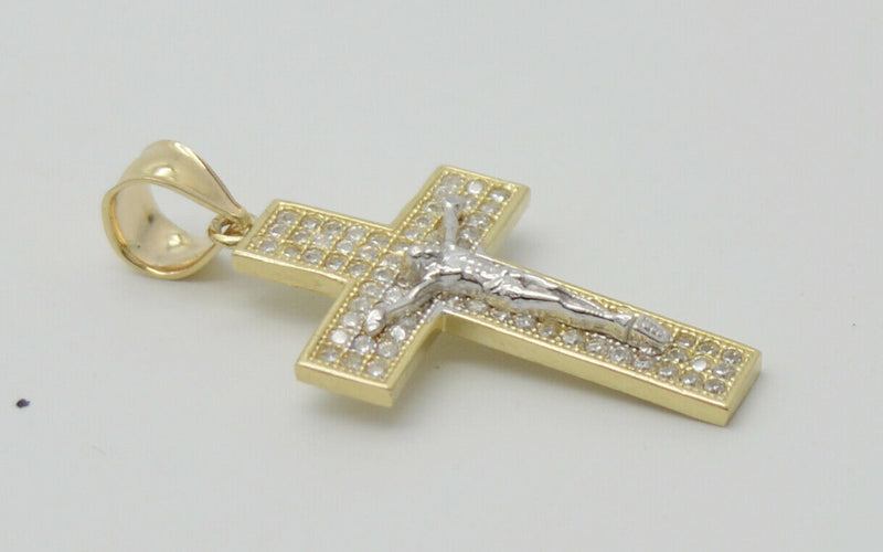 Real 10k Yellow Gold CZ Jesus Christ Crucifix Cross Pendant 1.45" + Chain 16''-24''
