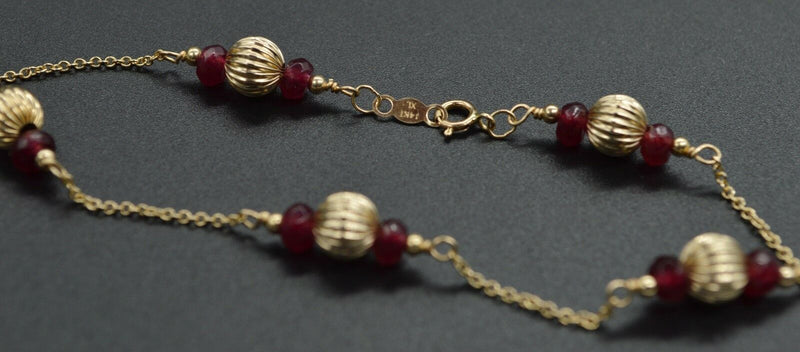 14K Solid Yellow Gold Natural Ruby & Corrugated Ball Bead Bracelet 7.5".jpg