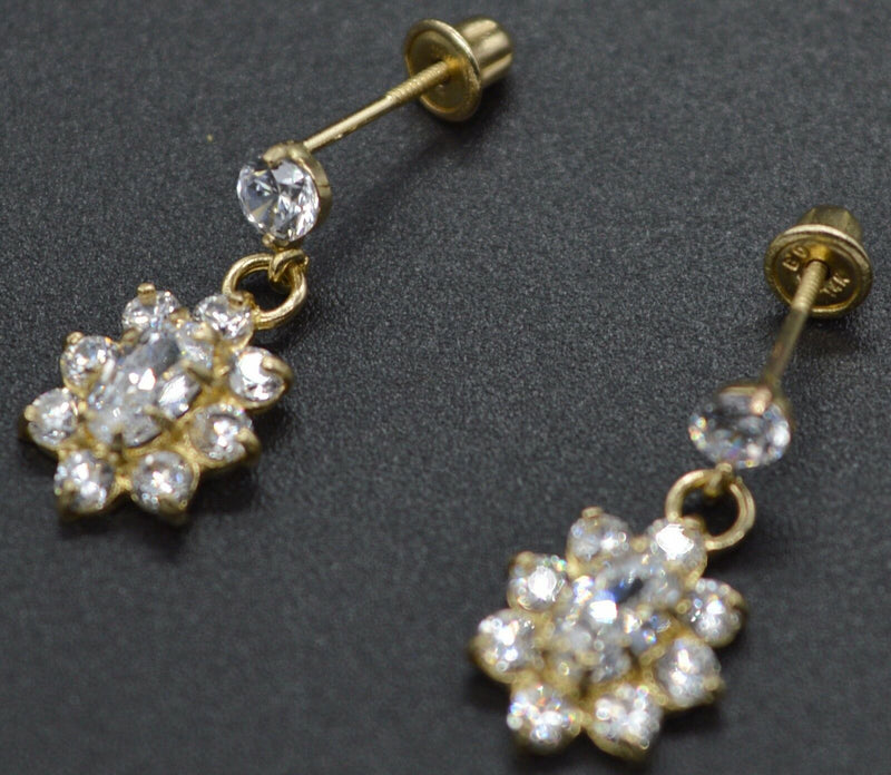 14K Solid Yellow Gold 16mm Flower White Cubic Zirconia CZ Dangle Earrings