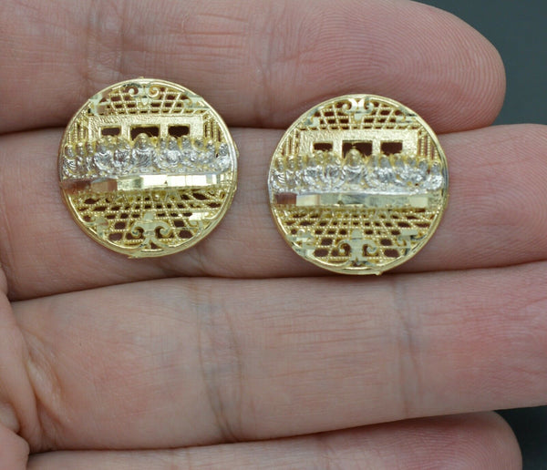 Real 10k Yellow Gold Round Diamond Cut Last Supper Stud earrings 2.9gr