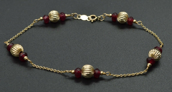 14K Solid Yellow Gold Natural Ruby & Corrugated Ball Bead Bracelet 7.5".jpg