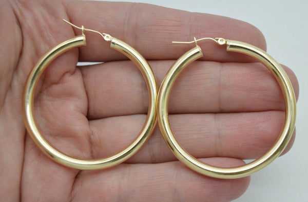 Real 14K Yellow Gold Large Hoop Shiny Earrings 45mm x4mm 4.7gr