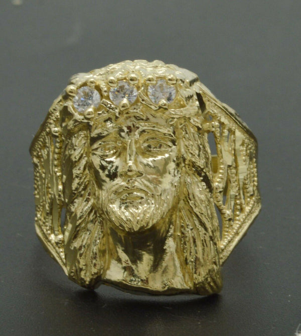 Real Solid 10K Yellow Gold 3D Mens Jesus Head Nugget cz Ring 22mm ALL Sizes