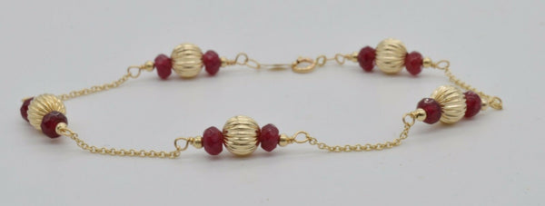 NEW 14K Solid Yellow Gold Natural Ruby & Corrugated Ball Bead Bracelet 7 12".jpg