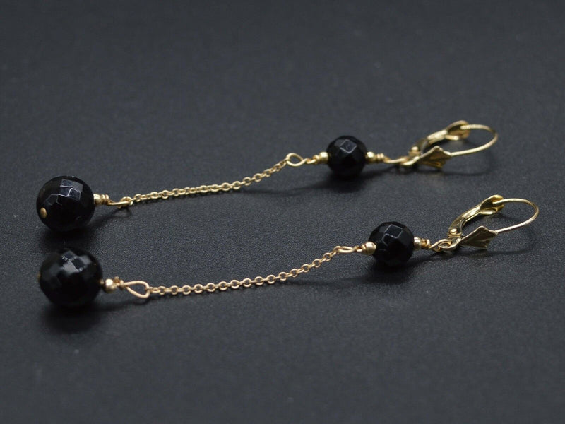 New 14K Solid Gold Faceted Onyx Black Dangle Earrings