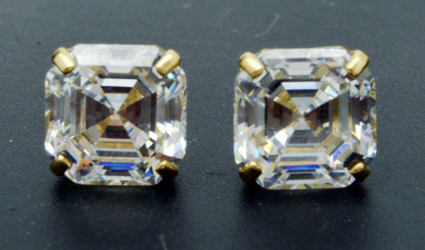 14K Solid Yellow Gold Screw Back 6ct 8mm Asscher Created Diamond Stud Earrings