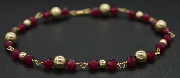 NEW 14K Solid Yellow Gold and Natural Ruby Round Bead Bracelet 8".jpg