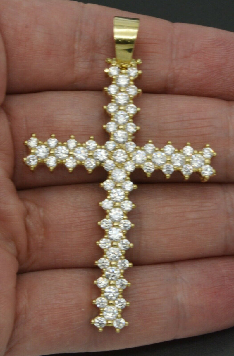 Real 10K Solid Yellow Gold  Created Diamond Cross Pendant 2.6 in" 11.9g