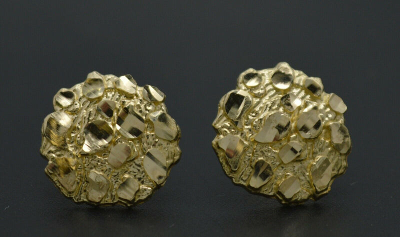 Real 10K Yellow Gold Round Diamond Cut Nugget Stud Earrings 12.1mm