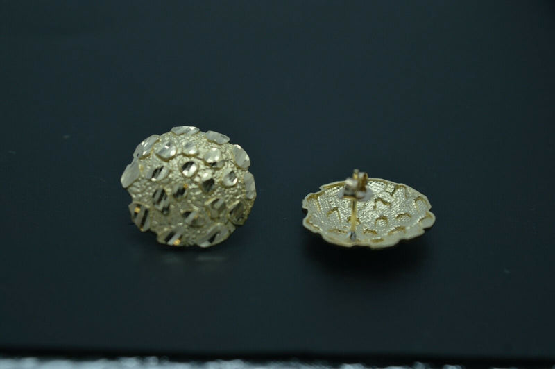 Real 10K Yellow Gold Large Round Diamond Cut Nugget Stud Earrings 18.6mm