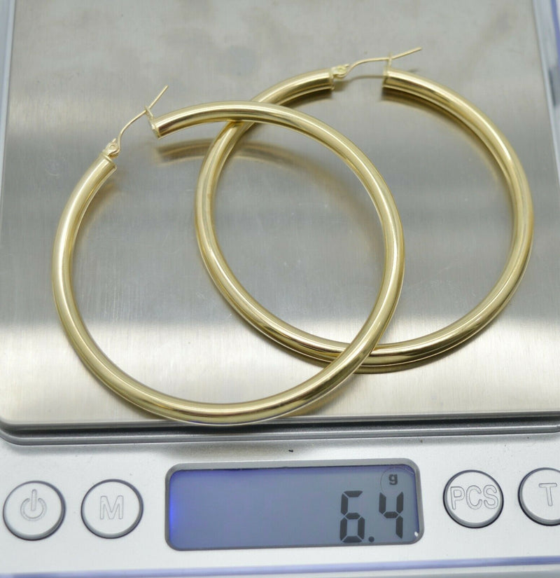 Real 14K Yellow Gold Extra Large Hoop Shiny Earrings 60mm x4mm 6.4gr