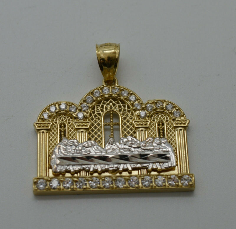 Real 10K Yellow Gold CZ Last Supper Diamond Cut Pendant + Rope Chain 16"-24"