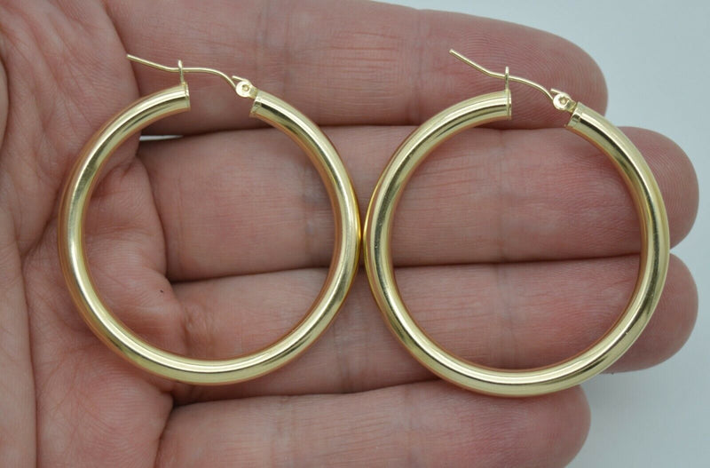 Real 14K Yellow Gold Large Hoop Shiny Earrings 40mm x4mm 4.2gr