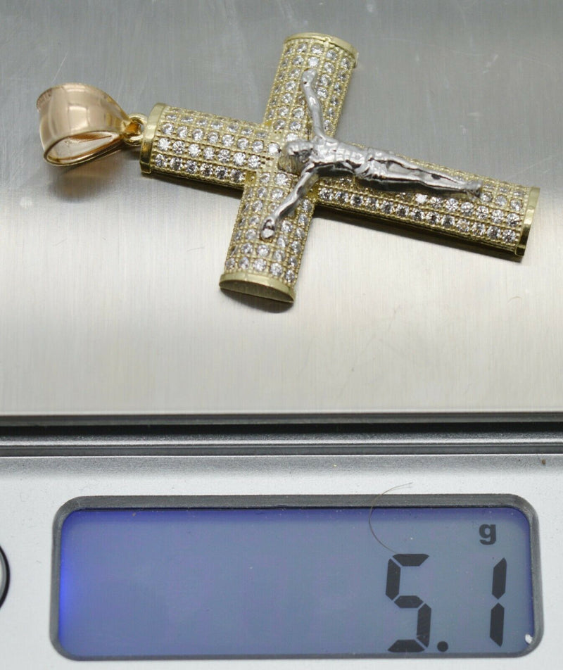 Real 10k Yellow Gold CZ Jesus Christ Crucifix Cross Pendant 1.73" + Chain 16''-24''