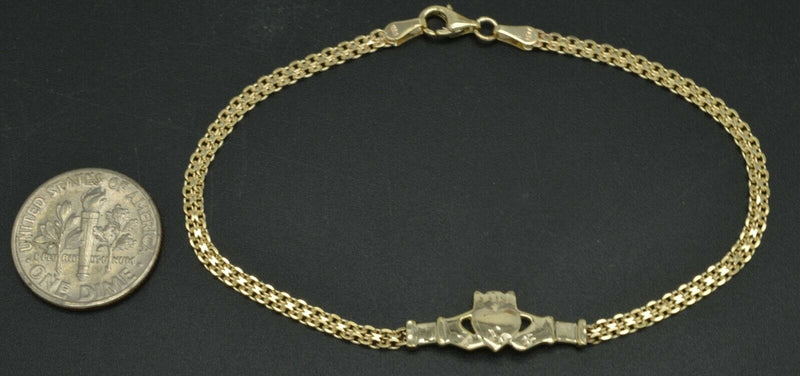 10k Yellow Solid Gold Bismark-Link Celtic Irish Claddagh Bracelet 7''