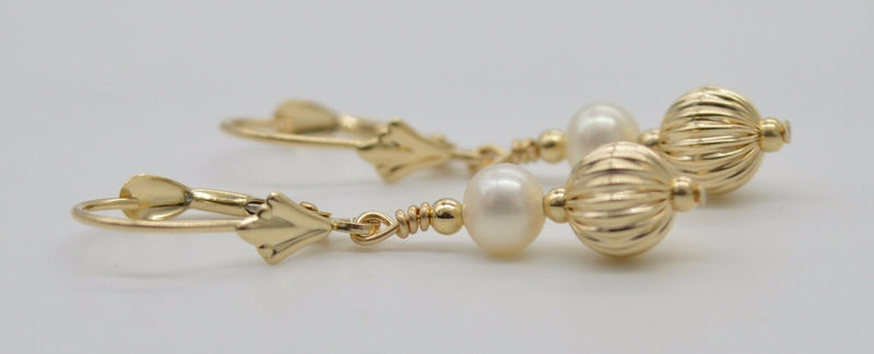 14K Solid Gold Corrugated Ball Beaded & Pearl Drop Leverback Earrings