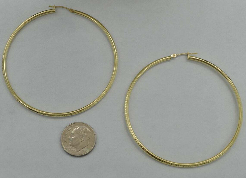 REAL 10K Yellow Gold big Large Diamond Cut Hoop Earrings 2 1/2" 2mm X 65mm 4g