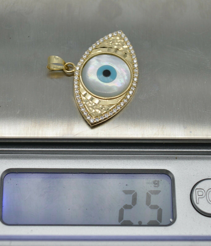 14k Solid Gold Evil Eye Luck Mother-Of-Pearl Charm Pendant +18 Chain
